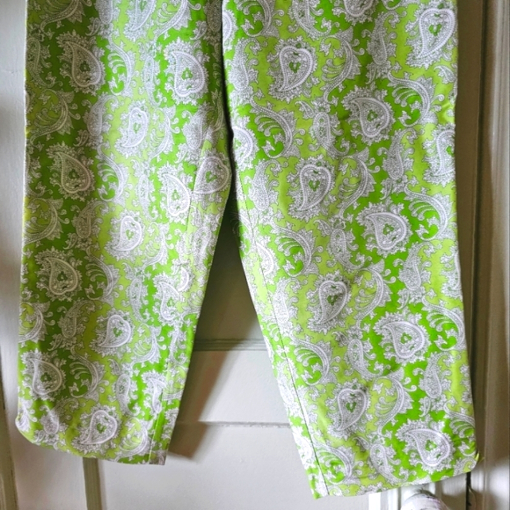 100% silk paisley print green white vintage capri pants 60s 70s hippie retro - Picture 6 of 11